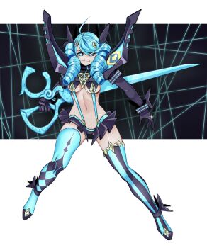 1girl absurdres blue_eyes blue_hair boots breasts commentary drill_hair ekajpalm english_commentary gwen_(league_of_legends) highres kamui_(kill_la_kill) kill_la_kill league_of_legends life_fiber living_clothes microskirt revealing_clothes scissor_blade_(kill_la_kill) skirt suspenders sword thigh_boots twin_drills underboob weapon