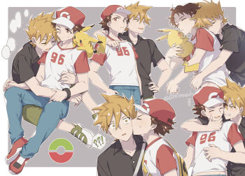 2boys 88_(einnimnech) arm_around_neck black_shirt blank_speech_bubble blue_oak brown_eyes brown_hair closed_mouth collarbone collared_shirt commentary_request gen_1_pokemon green_pants green_shoes grey_background highres holding holding_pokemon kiss male_focus multiple_boys multiple_views nintendo on_shoulder open_mouth outline pants pikachu pokemon pokemon_(creature) pokemon_on_shoulder pokemon_sm raglan_sleeves red_(pokemon) shirt shoes short_hair short_sleeves sleeping speech_bubble spiked_hair strap t-shirt yaoi