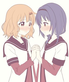 2girls black_hairband black_sailor_collar blonde_hair blue_hair blush braid brown_eyes dress furutani_himawari hairband highres holding_hands honzoumiz interlocked_fingers layered_sleeves long_sleeves medium_hair multiple_girls nanamori_school_uniform oomuro_sakurako sailor_collar school_uniform short_over_long_sleeves short_sleeves simple_background twin_braids white_background white_dress yuri yuruyuri