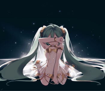 1girl ahoge arm_up armlet armpits bracelet crying dress gold_armlet gold_bracelet gramophone_miku green_hair hatsune_miku highres jewelry long_hair miku_symphony_(vocaloid) open_mouth sitting solo strapless strapless_dress teardrop tears tutu twintails very_long_hair vocaloid w_xiaoxi wariza white_dress