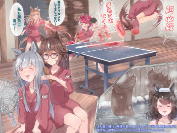 6+girls absurdres almond_eye_(umamusume) alternate_costume animal_hands bear bench bestiality black_hair blush brown_hair chrono_genesis_(umamusume) closed_eyes closed_mouth collarbone commentary_request curren_bouquetd&#039;or_(umamusume) daring_tact_(umamusume) fang glasses gran_alegria_(umamusume) grey_hair highres horse_girl kumakuma19193 long_hair loves_only_you_(umamusume) motion_lines multiple_girls onsen open_mouth paddle red_hair smile surprised table_tennis_paddle translation_request umamusume