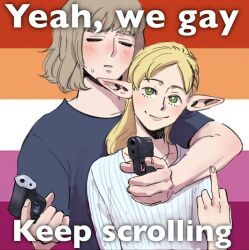 Rule 34 | 2girls, aiming, aiming at viewer, blonde hair, blush, bright pupils, closed eyes, closed mouth, commentary, dungeon meshi, elf, english commentary, english text, facing viewer, falin touden, flag background, green eyes, grey shirt, gun, handgun, holding, holding gun, holding weapon, image macro (meme), koifee, lesbian flag, long hair, looking at viewer, marcille donato, meme, middle finger, multiple girls, pointy ears, shirt, short sleeves, small sweatdrop, smile, t-shirt, upper body, weapon, white pupils, yeah we gay keep scrolling (meme), yuri