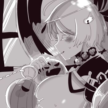 1girl bad_id bad_pixiv_id breast_sucking chaos_karen_(grimms_notes) closed_eyes grimms_notes monochrome odai_0715 parted_lips profile pumpkin smile solo sweat teeth upper_body
