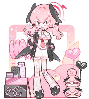 &gt;_&lt; 1girl balloon black_cardigan black_ribbon black_shoes black_wings blue_archive blush box cardigan commentary_request full_body gift gift_box hair_ribbon halo happy_birthday head_wings heart_balloon holding koharu_(blue_archive) korean_commentary leg_warmers miniskirt nagakiras2 off_shoulder open_cardigan open_clothes open_mouth party_popper pink_hair pleated_skirt red_eyes ribbon sailor_collar shoes skirt slippers solo standing sweat twintails white_sailor_collar white_skirt wings