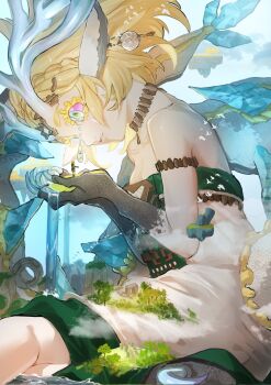 1girl animal_ears bare_shoulders bead_armlet bead_choker beads blonde_hair braid breasts circlet claws cleavage crown_braid dragon_ears dragon_horns dragon_tail dress highres horns jewelry light_dragon_(zelda) magatama magatama_necklace medium_breasts necklace nintendo parted_bangs princess_zelda short_hair sidelocks solo spoilers strapless strapless_dress tail teardrop the_legend_of_zelda the_legend_of_zelda:_tears_of_the_kingdom togenasi_furiko transformation
