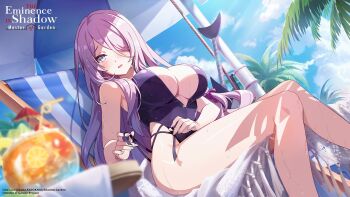 1girl artist_request beach_chair beach_umbrella black_one-piece_swimsuit breasts cocktail cocktail_umbrella copyright_name copyright_notice hair_over_one_eye hair_ribbon highres kage_no_jitsuryokusha_ni_naritakute! kage_no_jitsuryokusha_ni_naritakute!_master_of_garden large_breasts long_hair official_art one-piece_swimsuit open_mouth palm_tree pink_hair purple_eyes purple_ribbon ribbon sitting solo swimsuit tree umbrella victoria_(kage_no_jitsuryokusha_ni_naritakute!) wet wet_hair