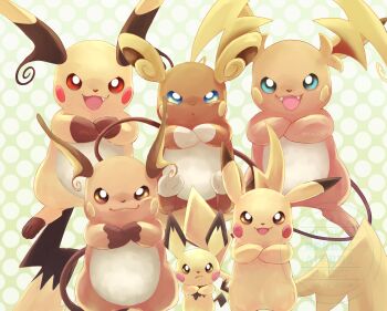 absurdres alolan_form alolan_raichu blue_eyes brown_eyes closed_mouth crossed_arms evolutionary_line fang fangs fuju1012 gen_1_pokemon gen_2_pokemon gen_7_pokemon highres mega_pokemon mega_raichu_x mega_raichu_y multiple_tails nintendo no_humans open_mouth orange_fur pichu pikachu pokemon pokemon_(creature) pokemon_focus raichu red_eyes regional_and_normal smile tail very_long_ears yellow_fur