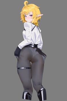 1girl absurdres ahoge ass black_boots black_gloves black_jacket blonde_hair boots closed_mouth commentary feet_out_of_frame from_behind frown gloves grey_background grey_pants highres holding holding_jacket holding_unworn_clothes jacket long_sleeves looking_at_viewer looking_back original panties panties_under_pantyhose pants pantyhose pointy_ears purple_eyes r-dragon shirt shirt_tucked_in short_hair simple_background solo standing thigh_strap underwear unworn_jacket v-shaped_eyebrows white_shirt