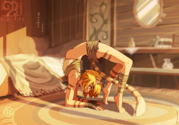 1girl amayon animal_ears animal_feet ankle_ribbon arched_back blonde_hair blurry body_bridge body_markings brown_shorts carpet cat_ears cat_girl cat_tail clothes_lift criss-cross_straps depth_of_field fingerless_gloves flexible from_side full_body gloves gymnastics highres indoors leg_ribbon mirror original ribbon sack shelf short_hair short_shorts shorts stomach tail tank_top tapestry wooden_floor wooden_wall yellow_eyes