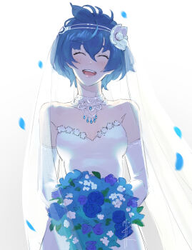 1girl absurdres bare_shoulders blue_flower blue_hair blue_petals blue_theme blush bouquet breasts bridal_gauntlets bridal_veil bride cleavage drag-on_dragoon drag-on_dragoon_3 dress elbow_gloves eyelashes falling_petals flower gloves hair_between_eyes hair_flower hair_ornament happy highres holding holding_bouquet jewelry mistxii necklace open_mouth petals short_hair signature simple_background smile solo two_(drag-on_dragoon) upper_body veil wedding_dress white_background white_dress