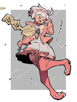 >_< 1girl black_gloves blush boots border closed_eyes dress elphelt_valentine fingerless_gloves flying_paper frilled_dress frills full_body gloves grey_background grey_dress grey_hair guilty_gear guilty_gear_strive hairband highres holding holding_paper itsuka_neru jacket long_sleeves open_clothes open_jacket open_mouth outside_border paper pink_boots pink_hairband pink_jacket short_hair solo spiked_hairband spikes thigh_boots translation_request white_border wind