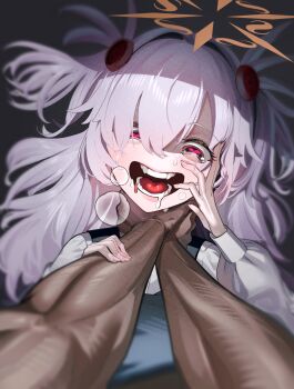 Rule 34 | 1boy, 1girl, absurdres, blue archive, brown eyes, commentary request, crazy eyes, dark skin, dress, drooling, grey dress, grey hair, hair over one eye, halo, hand on own face, heart, heart-shaped pupils, highres, holding another's arm, kanoe (blue archive), long hair, long sleeves, looking at viewer, mouth drool, mrsc, open mouth, pinafore dress, pov, pov hands, shade, shirt, sleeveless, sleeveless dress, solo focus, strangling, sweat, symbol-shaped pupils, tears, two side up, white shirt