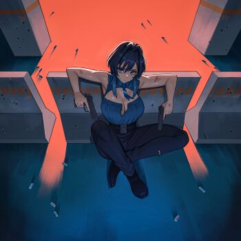 1girl absurdres bare_shoulders blue_eyes blue_hair blue_pants blue_shirt breasts cleavage commentary crossed_ankles dirty english_commentary from_above gun hair_intakes highres hololive hololive_english large_breasts official_alternate_hairstyle ouro_kronii ouro_kronii_(4th_costume) pants seventeencrows shell_casing shirt sitting solo traffic_barrier virtual_youtuber weapon wolf_cut