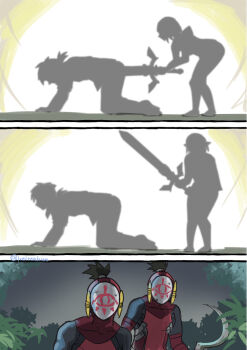 1girl 3boys all_fours austin_powers bag bodysuit commentary_request holding holding_sword holding_weapon link mask master_sword misunderstanding monbetsu_kuniharu multiple_boys nervous_sweating nintendo princess_zelda red_bodysuit scene_reference silhouette sweat sword tent the_legend_of_zelda the_legend_of_zelda:_tears_of_the_kingdom weapon yiga_clan_footsoldier