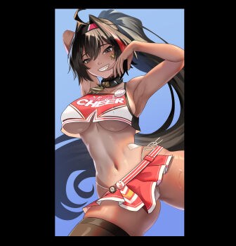 Rule 34 | 1girl, ahoge, armpits, bay (nikke), black eyes, black hair, black thighhighs, breasts, cheerleader, collar, crop top, dark-skinned female, dark skin, facial tattoo, goddess of victory: nikke, hair intakes, hairband, highres, large breasts, light blush, long hair, mole, mole on breast, mole on stomach, mole under eye, mole under mouth, multicolored hair, pom pom (cheerleading), ponytail, red hair, red shirt, red skirt, sharp teeth, shirt, single thighhigh, skirt, solo, spiked collar, spikes, star (symbol), star tattoo, streaked hair, sweat, syde b, tan, tanline, tattoo, teeth, thighhighs, underboob