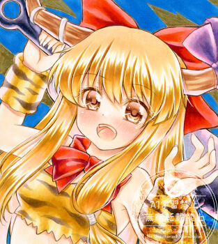 1girl alternate_costume animal_print blonde_hair blush bow brown_horns club_(weapon) commentary hair_bow holding holding_club holding_weapon horn_ornament horn_ribbon horns ibuki_suika long_hair looking_at_viewer nekofish666 oni open_mouth ribbon smile solo teeth tiger_print touhou traditional_media upper_teeth_only watermark weapon yellow_eyes