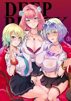 3girls alternate_costume amesuku_gyaru animal_print artist_logo bag blonde_hair blue_bow blue_bowtie blue_eyes blue_gemstone blue_hair blue_nails blush bow bowtie bra bracelet breasts cleavage closed_mouth collar commentary earrings english_commentary english_text fire_emblem fire_emblem_heroes fjorm_(fire_emblem) flower gem gold_bra gold_bracelet gradient_background gradient_hair green_hair green_nails gunnthra_(fire_emblem) gyaru hair_flower hair_ornament hand_on_lap highres jewelry kneehighs kogal large_breasts leopard_print lips logo long_hair long_sleeves looking_at_viewer midriff miniskirt multicolored_hair multiple_girls navel necklace nintendo open_mouth pink_bra pink_hair purple_hair revolverwing school_bag school_uniform scrunchie see-through_clothes see-through_shirt seidr_(fire_emblem) shirt short_hair siblings simple_background sisters skirt small_breasts smile socks sunglasses thigh_strap thighs tied_shirt tongue underwear v yellow_eyes