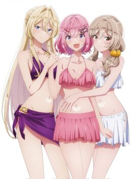 3girls amaori_renako bikini bikini_skirt blonde_hair blue_eyes blush brown_eyes brown_hair collarbone hands_on_another&#039;s_waist interlocked_fingers long_hair megami_magazine multiple_girls navel open_mouth ouzuka_mai pink_bikini pink_hair purple_bikini purple_eyes scrunchie sena_ajisai short_hair swimsuit twintails watashi_ga_koibito_ni_nareru_wake_naijan_murimuri! white_bikini