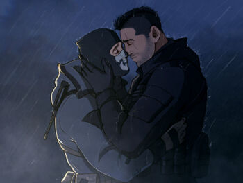 2boys alternate_costume amikoroyaiart bara beard_stubble black_hair call_of_duty call_of_duty:_modern_warfare_2 comforting couple facial_hair from_side ghost_(modern_warfare_2) highres hood hood_down jacket male_focus mask mature_male multiple_boys muscular muscular_male mustache_stubble profile rain short_hair skull_mask smile soap_(modern_warfare_2) stubble thick_eyebrows undercut upper_body yaoi