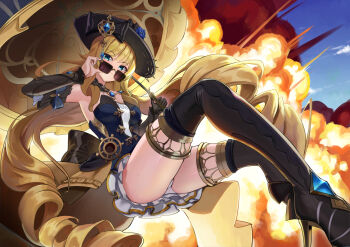 1girl armpits bare_shoulders black_gloves black_hat black_sleeves black_thighhighs blonde_hair blue_eyes bomb breasts closed_mouth dress drill_hair drill_sidelocks explosive fire genshin_impact gloves gold_trim hat healgo highres holding holding_umbrella jewelry long_hair looking_at_viewer navia_(genshin_impact) panties sidelocks single_glove solo sunglasses thighhighs umbrella underwear upper_body very_long_hair white_panties