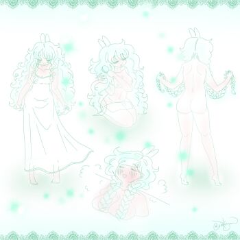 Rule 34 | 1girl, 2024, artist name, blush, braid, breasts, combing hair, degenshell, digi shell, digiko shellako, dress, green background, green hair, highres, indie virtual youtuber, large breasts, nude, solo, standing, topless, twin braids, vodkanyan, white dress