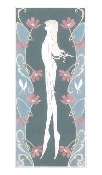 Rule 34 | 1girl, anatomical nonsense, art nouveau, blonde hair, border, colored skin, completely nude, flat chest, full body, highres, kishi takuya, long feet, long fingers, long hair, nipples, nude, original, skinny, solo, white border, white skin