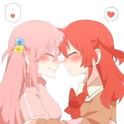 Rule 34 | ..., 2girls, blush, bocchi the rock!, bow, bowtie, brown cardigan, cardigan, closed eyes, closed mouth, commentary request, cube hair ornament, face-to-face, facing another, from side, gotoh hitori, hair ornament, heart, jacket, kita ikuyo, long hair, multiple girls, noses touching, one side up, pink hair, pink jacket, profile, rebecca (keinelove), red bow, red bowtie, red hair, school uniform, shuka high school uniform, simple background, smile, speech bubble, spoken ellipsis, spoken heart, track jacket, upper body, white background, yuri