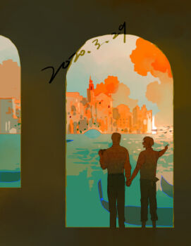 2boys axis_powers_hetalia bad_link boat bridge brown_hair chinese_commentary commentary_request germany_(hetalia) highres long_sleeves multiple_boys northern_italy_(hetalia) ocean open_mouth pants shirt short_hair sky standing venice watercraft white_shirt xiaoquandianer