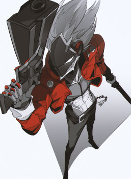 1boy absurdres artificial_eye belt billy_kid black_pants black_shoes clothed_robot dual_wielding gun handgun hashtag-only_commentary highres holding humanoid_robot jacket like0629521 male_focus mechanical_arms mechanical_eye mechanical_hands pants red_jacket robot robot_boy shadow shoes simple_background solo spiked_hair weapon white_background white_eyes white_hair zenless_zone_zero