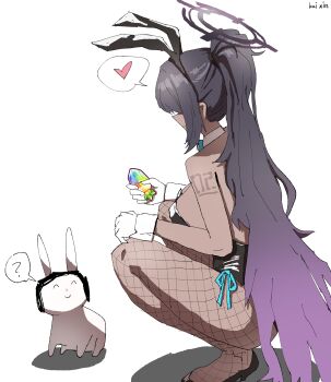 1boy 1girl ? absurdres animal_ear_hairband animal_ears aqua_bow aqua_bowtie black_hair black_leotard blue_archive bow bowtie carat_(umamusume) dark-skinned_female dark_skin detached_collar doodle_sensei_(blue_archive) fake_animal_ears fishnet_pantyhose fishnets gloves hairband heart highres kai_xin karin_(blue_archive) karin_(bunny)_(blue_archive) leotard long_hair number_tattoo pantyhose playboy_bunny ponytail rabbit rabbit_ears sensei_(blue_archive) side-tie_leotard simple_background spoken_heart spoken_question_mark strapless strapless_leotard tattoo umamusume very_long_hair white_background white_gloves wrist_cuffs