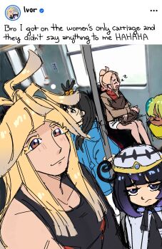 1boy 4girls bandeau black_dress black_hair black_shirt blonde_hair brother_and_sister canari_(pokemon) chorimayo coat commentary dress english_commentary english_text fake_screenshot gradient_hair gwynn_(pokemon) hat highres hood hoodie ivor_(pokemon) lida_(pokemon) long_hair looking_at_another looking_at_viewer mask meme mouth_mask multicolored_hair multiple_girls nintendo open_clothes open_coat pink_hoodie pokemon pokemon_legends:_z-a purple_eyes purple_hair red_eyes shirt short_hair siblings smile social_network taunie_(pokemon) two-tone_hair white_coat zzz