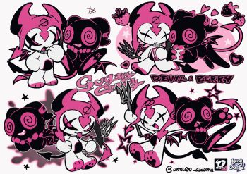 2others @_@ amatou_akuma berry_(amatou_akuma) black_sclera character_name chibi chibi_only chibikemo closed_eyes colored_sclera demon demon_horns demon_tail demon_wings devil_(amatou_akuma) donut eating flying food furry grin hat highres holding holding_pitchfork horns limited_palette multiple_others multiple_views open_mouth original other_focus pawpads pink_eyes pitchfork sharp_teeth simple_background slit_pupils smile tail teeth tongue tongue_out walking white_background wings