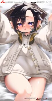 1girl :o a-maki_tasuke absurdres artist_name black_hair brown_hat brown_hoodie brown_jacket commentary commission facial_mark final_fantasy final_fantasy_xiv foreshortening hat highres hood hoodie jacket jacket_over_hoodie lalafell open_mouth panties pear-shaped_figure petite pointy_ears purple_eyes raised_inner_eyebrows reaching reaching_towards_viewer short_hair skeb_commission solo underwear variant_set warrior_of_light_(ff14) white_panties