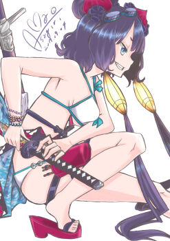 1girl asagirimao ass bare_shoulders bikini blue_eyes bracelet fate/grand_order fate_(series) goggles goggles_on_head grin hair_ornament highres jewelry katana katsushika_hokusai_(fate) katsushika_hokusai_(swimsuit_saber)_(fate) long_hair platform_sandals purple_hair sandals sheath sheathed smile solo squatting swim_goggles swimsuit sword tiptoes twintails very_long_hair weapon white_bikini
