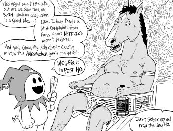 2boys absurdres adramelech alcohol bb_(baalbuddy) beer_belly bojack_horseman bojack_horseman_(series) bottle commentary crossover english_commentary english_text facial_mark fat fat_man furry furry_male greyscale highres holding horse_boy jack_daniel&#039;s jack_frost_(megami_tensei) male_focus monochrome multiple_boys shin_megami_tensei shorts sitting speech_bubble sweatdrop topless_male what whiskey