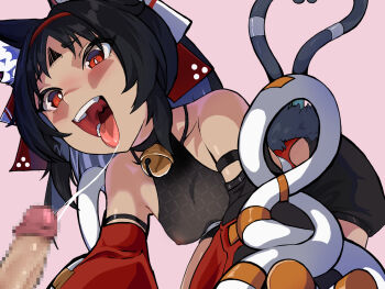 1boy 1girl animal_ear_fluff animal_ears barcode barcode_tattoo bell black_hair black_shorts blush breasts cable cable_tail cat_ears cat_girl cat_tail censored commentary_request dark-skinned_female dark_skin detached_sleeves facial_mark forehead_mark forehead_tattoo hairband heart heart_tail highres jingle_bell mechanical_tail mosaic_censoring multiple_tails nat_(nashumash) neck_bell nekomiya_mana nipples open_mouth penis red_eyes red_hairband saliva saliva_trail see-through_clothes see-through_shirt shirt shorts solo_focus tail tattoo teeth tongue tongue_out triangle triangle_facial_mark two_tails zenless_zone_zero