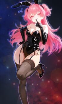 1girl animal_ears artist_name black_gloves black_leotard black_thighhighs breasts cleavage commentary detached_collar elbow_gloves english_commentary fake_animal_ears finger_to_mouth garter_straps gloves high_heels highres latex latex_gloves latex_leotard leotard long_hair medium_breasts momoi_airi oink_(oinkoinkoi) pink_eyes pink_hair playboy_bunny project_sekai rabbit_ears signature smile solo strapless strapless_leotard thick_thighs thighhighs thighs two_side_up