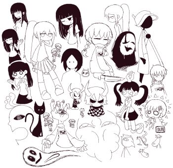 ._. 1boy 3girls 5others =_= ? animal asymmetrical_eyes blunt_bangs braid cat checkered_clothes checkered_shirt chibi closed_mouth collared_shirt demon_horns dot_nose dripping_eye eggplant extra_arms hand_eye fc_demon frog greyscale hakayu hand_up hat hime_cut holding holding_knife horns jaggy_lines knife kyukkyu-kun long_hair madotsuki middle_finger mob_face monochrome monoko monster multiple_girls multiple_others nasu_(yume_nikki) no_mouth o_o one-eyed open_mouth poniko ponytail sekomumasada_sensei shirt shoes short_hair single_empty_eye skirt socks sweater toriningen triangle_mouth turtleneck turtleneck_sweater twin_braids twintails uboa waving yume_nikki