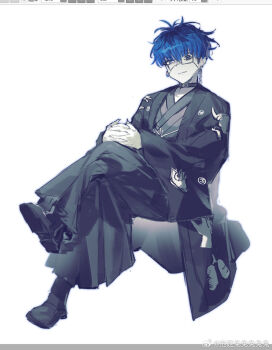 Rule 34 | 1boy, art program in frame, belt collar, black boots, black collar, black hair, black hakama, black haori, blue hair, boots, chinese commentary, closed mouth, collar, commentary request, earrings, eyepatch, facepaint, full body, grey eyes, grey kimono, hakama, haori, highres, invisible chair, japanese clothes, jewelry, kimono, long sleeves, male focus, mismatched earrings, multicolored hair, omokage yugamu, own hands clasped, own hands together, painttool sai, painttool sai (medium), pale skin, print eyepatch, print haori, roots (hair), short hair, simple background, sitting, smile, solo, the hundred line -last defense academy-, tuoyan tututututu, two-tone hair, watermark, weibo watermark, white background, wide sleeves