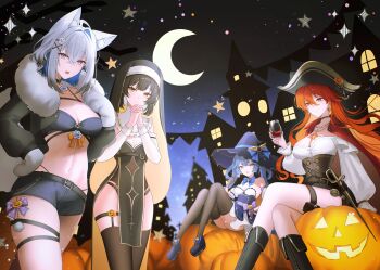 4girls absurdres alternate_costume animal_ears augusta_(wuthering_waves) black_boots black_bra black_dress black_gloves black_hair black_jacket black_shorts black_thighhighs blue_bow blue_dress blue_eyes blue_hair blue_hat boots bow bra breasts cleavage colored_inner_hair commentary_request crescent_moon cropped_jacket crossed_legs cup dress earrings female_rover_(wuthering_waves) fur-trimmed_jacket fur_trim galbrena_(wuthering_waves) gloves grey_hair hair_between_eyes halloween_costume hat hat_bow highres holding holding_cup iuno_(wuthering_waves) jack-o&#039;-lantern jacket jewelry long_hair long_sleeves looking_at_viewer medium_breasts medium_hair moon multicolored_hair multiple_girls navel night night_sky nun open_mouth orange_hair outdoors own_hands_clasped own_hands_together pirate_hat purple_eyes rover_(wuthering_waves) shirt shorts sinonomemikann sky stomach sun_earrings sun_necklace sword thighhighs thighs underwear weapon white_shirt winter_uniform witch_hat wuthering_waves yellow_eyes