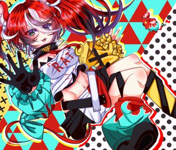 Rule 34 | 1girl, :3, absurdres, animal ear fluff, animal ears, asymmetrical sleeves, black collar, black gloves, black hair, black shoes, black tube top, blue bow, blue eyes, blue sleeves, bow, breasts, cheese, clothes writing, collar, commentary, crop top, dice hair ornament, english commentary, food, gloves, hair between eyes, hair ornament, hakos baelz, hakos baelz (1st costume), highres, hololive, hololive english, kei red, key, long sleeves, looking at viewer, miniskirt, mismatched sleeves, mouse ears, mouse girl, mouse tail, mr. squeaks (hakos baelz), multicolored hair, multicolored skirt, navel, open mouth, red hair, shirt, shoes, single glove, skirt, solo, spiked collar, spikes, strapless, streaked hair, tail, tail bow, tail ornament, tongue, triangle, tube top, twintails, virtual youtuber, white hair, white shirt, yellow sleeves