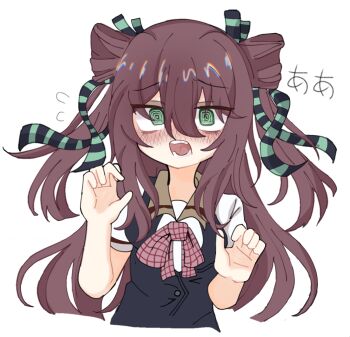1girl @_@ black_vest blush bow bowtie brown_hair buttons collared_shirt commentary_request cropped_torso dasaku double-parted_bangs flustered flying_sweatdrops green_eyes green_ribbon hair_between_eyes hair_ribbon hands_up highres long_hair long_hair_between_eyes long_sidelocks mixed-language_commentary ninja_tomato nose_blush open_mouth partial_commentary pink_bow pink_bowtie plaid_bow plaid_bowtie plaid_clothes ribbon rindou_hanami school_uniform shirt short_sleeves sidelocks simple_background solo striped_ribbon summer_uniform teeth translation_request two_side_up vest white_background white_shirt wide-eyed wing_collar