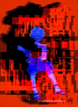 Rule 34 | 1boy, aged down, commentary request, english text, glitch, honkai: star rail, honkai (series), inverted colors, limited palette, male focus, phainon (honkai: star rail), red background, saturated, simple background, solo, towa (10 wa)