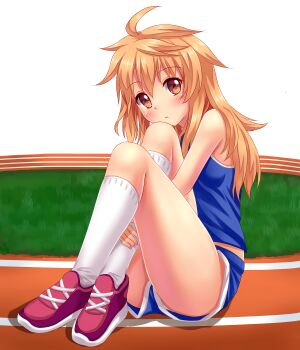 1girl ahoge artist_self-insert blonde_hair blush brown_eyes female_focus full_body grass highres knee_to_face kneehighs long_hair looking_at_viewer nail_polish nottytiffy original pink_nails red_shoes shirt shoes shorts simple_background sitting sleeveless sleeveless_shirt socks solo sportswear thighs tiffy_(nottytiffy) track_and_field track_uniform upshorts white_background white_socks