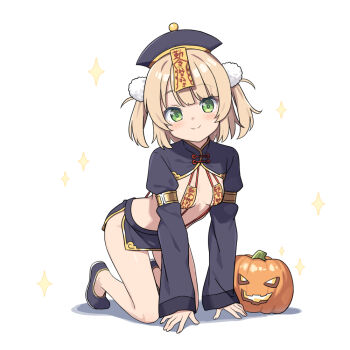 1girl all_fours black_hat black_shoes black_skirt blonde_hair breasts closed_mouth commentary_request full_body green_eyes hat hatsunatsu head_tilt indie_virtual_youtuber jack-o&#039;-lantern jiangshi_costume looking_at_viewer ofuda qingdai_guanmao shadow shigure_ui_(vtuber) shoes shrug_(clothing) simple_background skirt sleeves_past_wrists slingshot_swimsuit small_breasts smile solo sparkle swimsuit two_side_up virtual_youtuber white_background