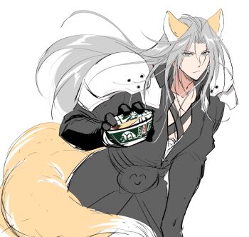 1boy 20x26tks animal_ears aqua_eyes armor black_coat black_gloves chest_strap closed_mouth coat commentary_request cowboy_shot donbei_kitsune_udon final_fantasy final_fantasy_vii final_fantasy_vii_remake food fox_boy fox_ears fox_tail gloves grey_hair holding holding_food instant_noodles instant_udon long_hair looking_at_viewer male_focus nissin_donbei official_alternate_animal_ears parted_bangs pauldrons sephiroth sephiroth_(don_gitsune) shoulder_armor sketch solo tail white_background