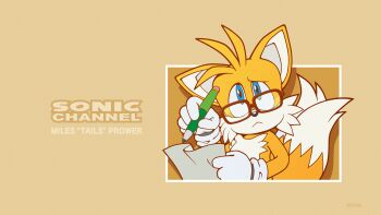 1boy absurdres animal_ears bespectacled blue_eyes body_fur closed_mouth fox_boy furry furry_male glasses gloves highres holding holding_paper holding_pen light_frown logo looking_at_viewer male_focus multiple_tails official_art paper pen simple_background solo sonic_(series) sonic_channel tail tails_(sonic) two_tails white_gloves writing yellow_background