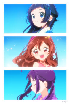 3girls aokaze_nana artist_name blue_eyes blue_hair blue_shirt blue_sky brown_hair cherry_blossoms clear_sky closed_eyes closed_mouth clothing_cutout commentary eighth_note fortissimo hair_ornament hairband kimi_to_idol_precure kyanos_(b_0000ff) long_hair looking_at_viewer medium_hair multiple_girls musical_note musical_note_hair_ornament open_mouth paid_reward_available petals pink_hairband pink_shirt precure purple_hair purple_shirt red_eyes sakura_uta_(precure) shigure_kokoro shirt shoulder_cutout sidelocks signature sky smile twintails wind x_hair_ornament