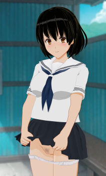 1girl 3d bench black_hair black_skirt blue_neckerchief blush breasts brown_eyes bus_stop censored classmate_daisuki closed_mouth clothes_lift cloud collarbone female_pubic_hair highres large_breasts looking_at_viewer mosaic_censoring navel neckerchief outdoors panties panty_pull pubic_hair pussy school_swimsuit shirt short_hair short_sleeves skirt skirt_lift sky smile solo standing swimsuit underwear wall white_panties white_shirt window