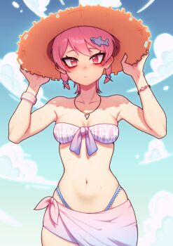 1girl armpits bare_shoulders bikini bracelet cawico cloud collarbone front-tie_bikini_top front-tie_top fuchsia_(strinova) hair_ornament hands_up hat highleg highleg_panties highres jewelry looking_at_viewer navel necklace outdoors panties pink_eyes pink_hair shark_hair_ornament short_hair solo standing straw_hat strinova swimsuit tooth_necklace underwear